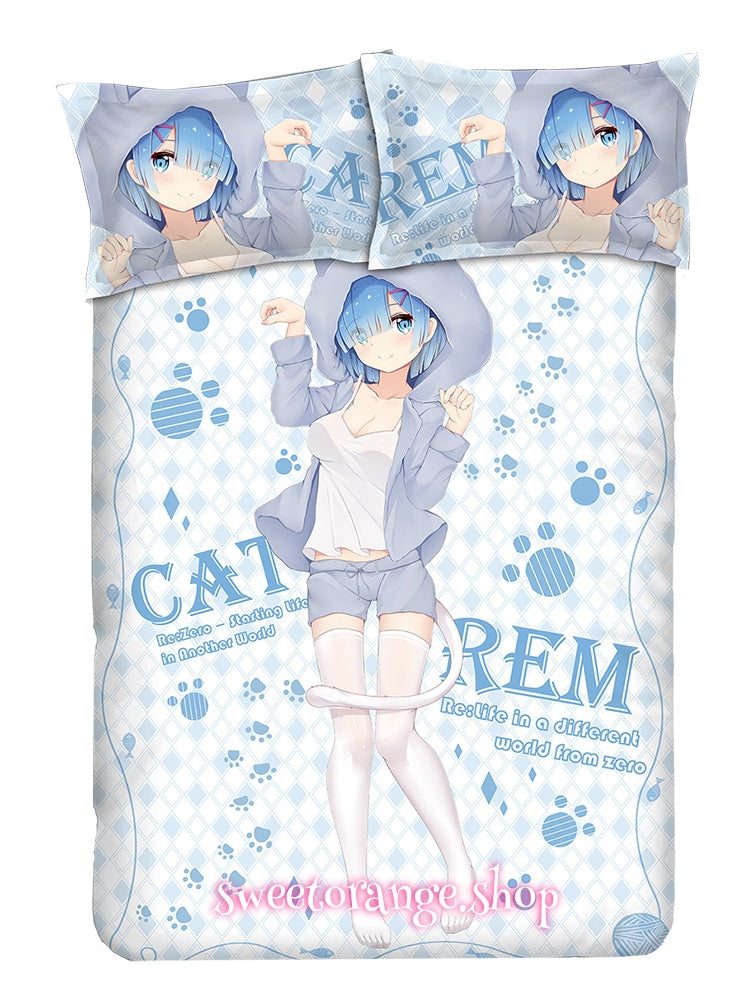 Rem Cat Ear Neko Blue Gingham 4Pcs Bedding | Re:Zero Anime Bed Set