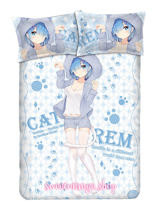 Rem Cat Ear Neko Blue Gingham 4Pcs Bedding | Re:Zero Anime Bed Set