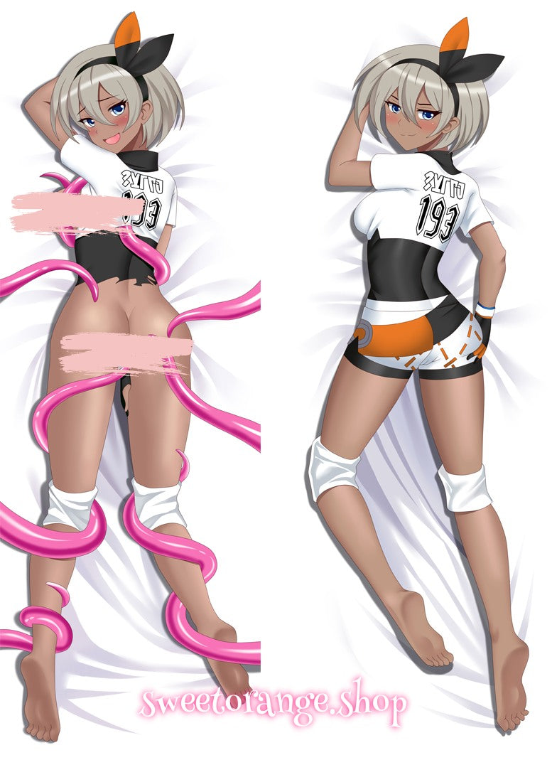 Pokémon Bea double-sided dakimakura body pillow cover, featuring the Fighting-type Gym Leader in her signature white-black-orange uniform, anime hugging pillow case
