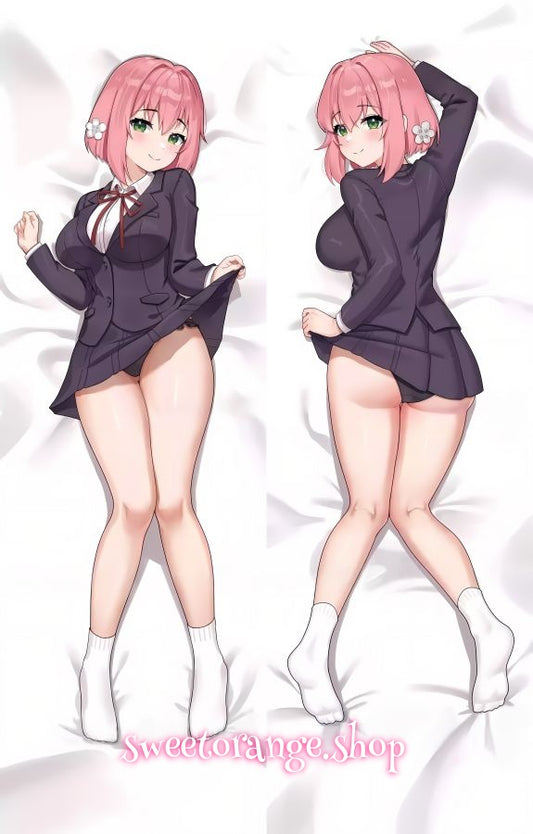 100Kanojo Hakari Hanazono double-sided dakimakura body pillow cover, featuring short pink hair, green eyes, and school uniform, anime hugging pillow case