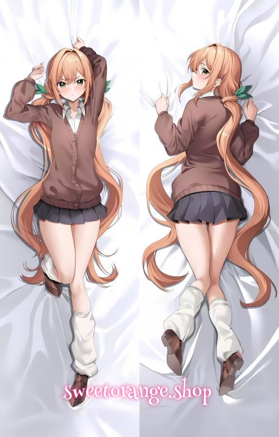 100Kanojo Karane Inda double-sided dakimakura body pillow cover, featuring long orange twin tails, school uniform, and blushing expressions, anime hugging pillow case