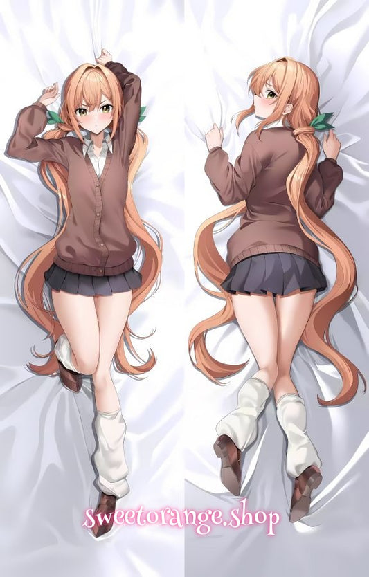 100Kanojo Karane Inda double-sided dakimakura body pillow cover, featuring long orange twin tails, school uniform, and blushing expressions, anime hugging pillow case