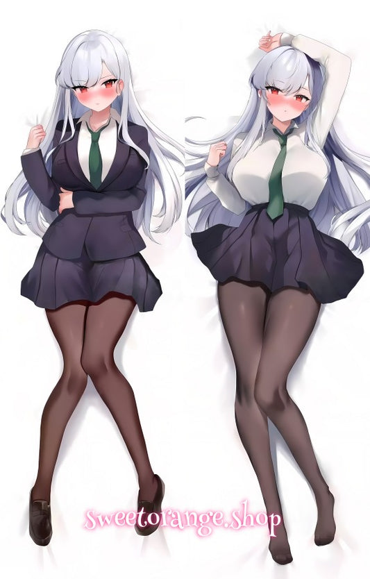 100Kanojo Nano Eiai double-sided dakimakura body pillow cover, featuring long silver hair, red eyes, school uniform with blazer, anime hugging pillow case