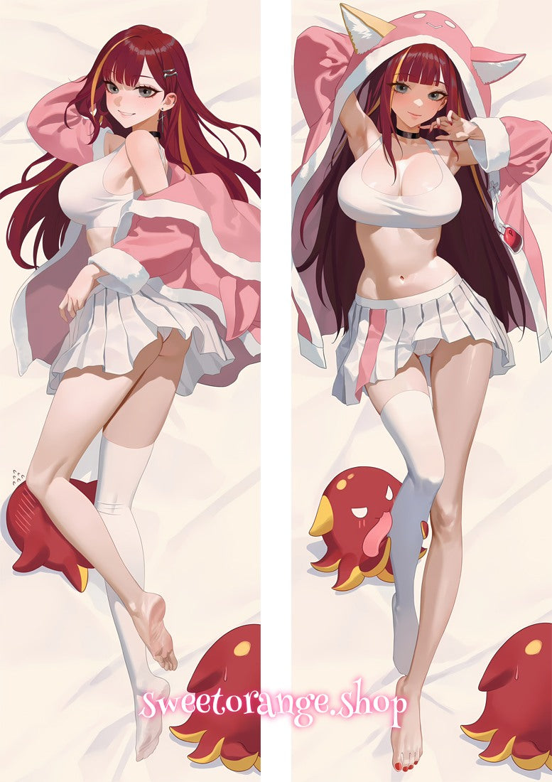 Akane Lize dakimakura cover front view, red hair VTuber Akane Lize pink hoodie white skirt