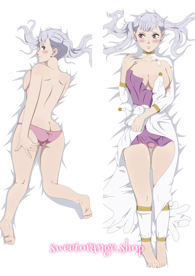 Black Clover Noelle Silva double-sided dakimakura body pillow cover, featuring silver twin tails, purple eyes, and her signature royal mage outfit