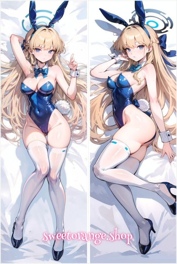 Blue Archive Asuma Toki double-sided dakimakura body pillow cover, featuring blonde hair, blue halo, bunny girl outfit with glossy blue bodysuit, anime hugging pillow case