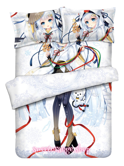 Hatsune Miku Snow Miku shrine maiden outfit four piece bed sheet set kawaii anime bedroom textile for Vocaloid fans