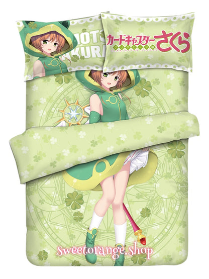 peach skin Cardcaptor Sakura 4 piece bedding, natural velvet green frog Sakura anime bed set