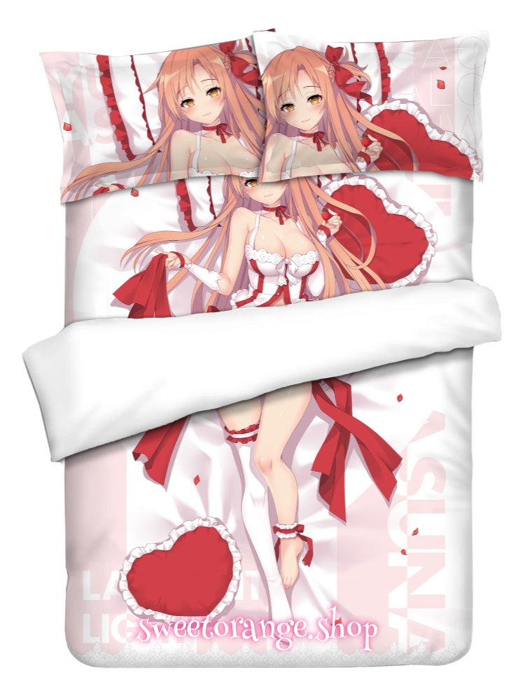Yuuki Asuna red heart maid anime 4pcs bedding set Sword Art Online, red ribbon white thigh high stocking SAO bed sheets with two pillowcases