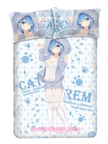 Rem Cat Ear Neko Blue Gingham 4Pcs Bedding | Re:Zero Anime Bed Set