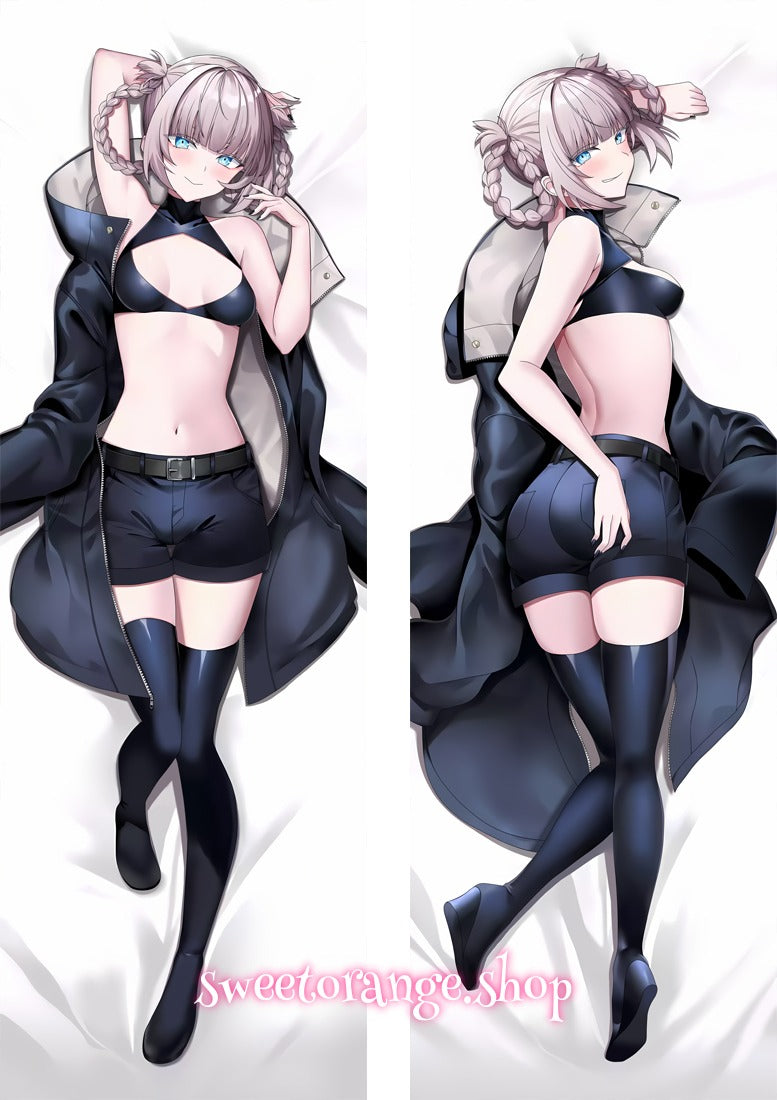 Call of the Night Nazuna Nanakusa double-sided dakimakura body pillow cover, featuring light pink braided hair, bright blue eyes, and her signature black coat outfit, anime hugging pillow case