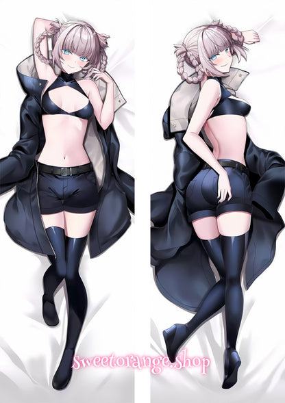 Call of the Night Nazuna Nanakusa double-sided dakimakura body pillow cover, featuring light pink braided hair, bright blue eyes, and her signature black coat outfit, anime hugging pillow case