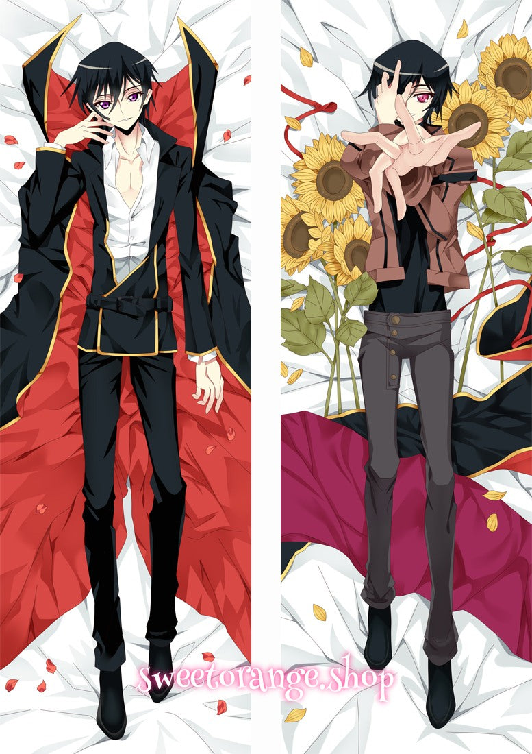 Code Geass Lelouch Lamperouge double-sided dakimakura body pillow cover, black hair, violet eyes, Zero mask & school uniform, anime hugging pillow case