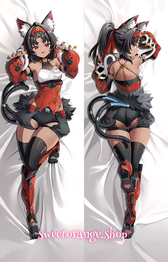 Zenless Zone Zero Nekomiya Mana combat outfit dakimakura, red-black cat girl body pillow cover
