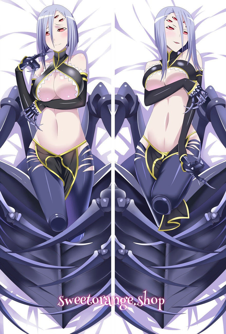 Monster Musume Rachnera Arachnera double-sided dakimakura body pillow cover, featuring black hair, purple eyes, and half-spider half-human form, anime hugging pillow case