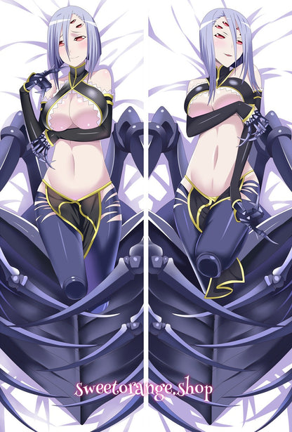 Monster Musume Rachnera Arachnera double-sided dakimakura body pillow cover, featuring black hair, purple eyes, and half-spider half-human form, anime hugging pillow case