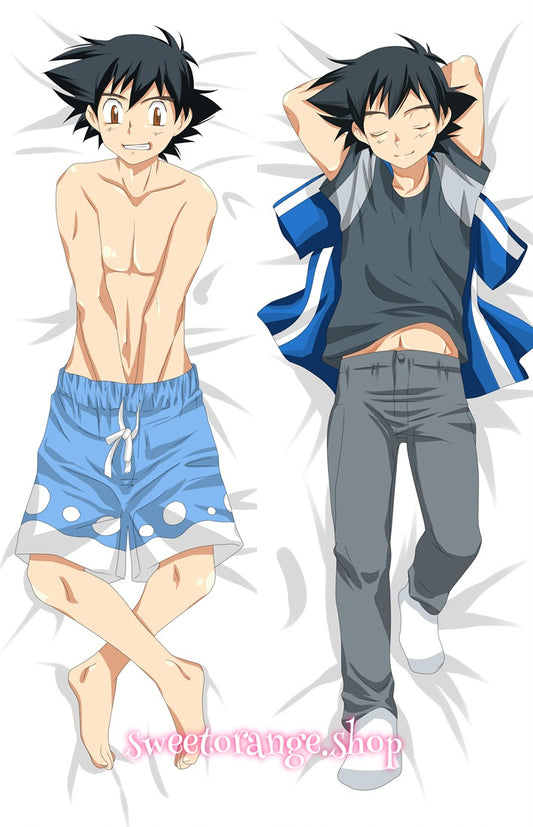 Pokémon Ash Ketchum double-sided dakimakura body pillow cover, featuring the iconic Pokémon trainer with spiky black hair, red cap, and signature outfit, anime hugging pillow case