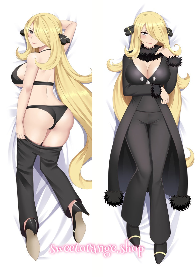 Pokémon Cynthia double-sided dakimakura body pillow cover, featuring long blonde hair, black elegant outfit, and bikini casual style, anime hugging pillow case