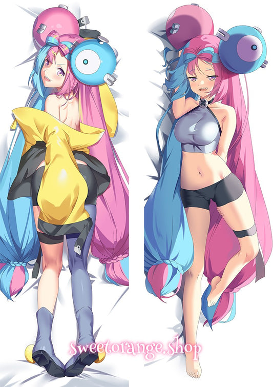 Pokémon Iono double-sided dakimakura body pillow cover, featuring iconic split pink-blue twin tails and Magnemite headpieces, anime hugging pillow case