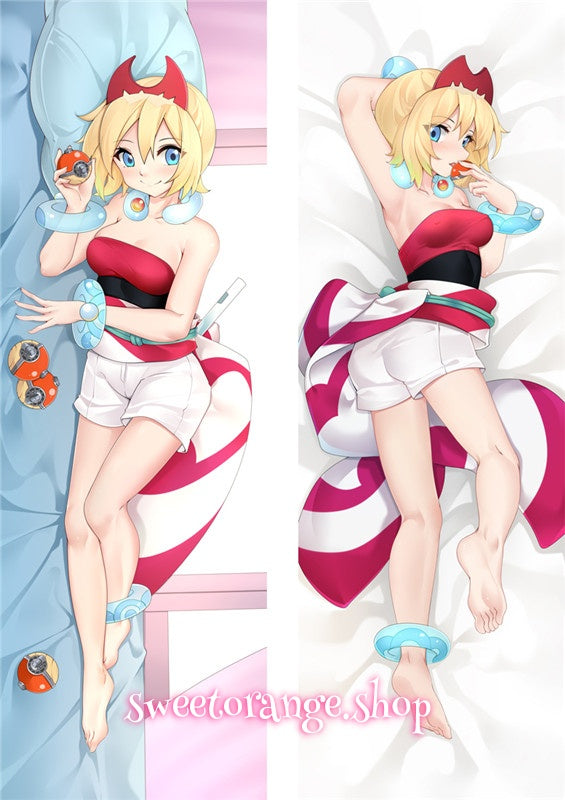Pokémon Irida double-sided dakimakura body pillow cover, featuring the Pearl Clan leader with blonde hair, red crown, and blue accessories, anime hugging pillow case
