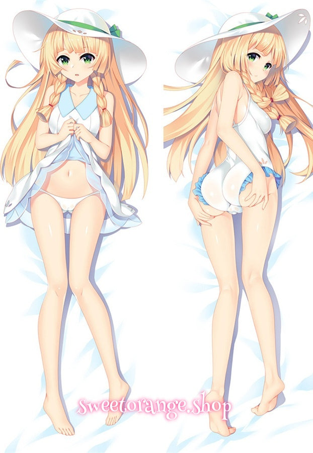 Pokémon Lillie double-sided dakimakura body pillow cover, featuring iconic blonde hair, sun hat, and summer dress design, anime hugging pillow case