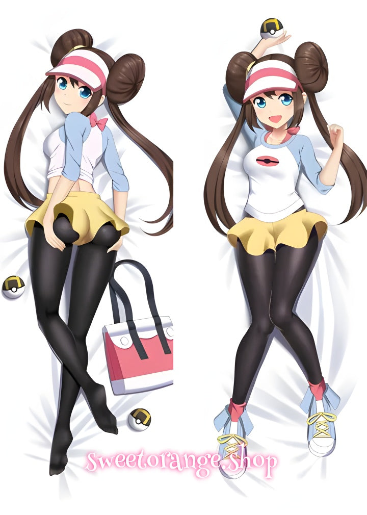 Pokémon Rosa (Mei) double-sided dakimakura body pillow cover, featuring iconic brown hair buns, pink visor, and casual trainer outfit, anime hugging pillow case