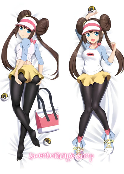 Pokémon Rosa (Mei) double-sided dakimakura body pillow cover, featuring iconic brown hair buns, pink visor, and casual trainer outfit, anime hugging pillow case