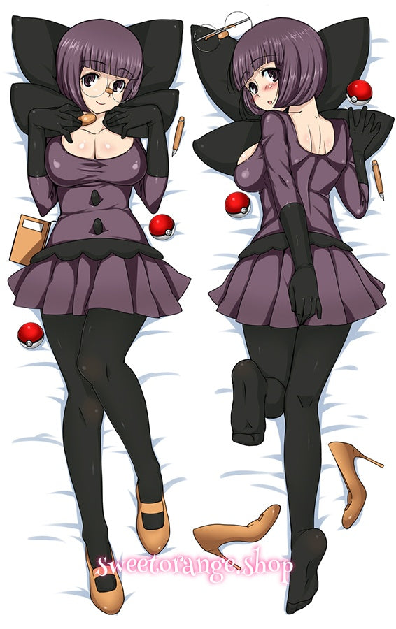 Pokémon Shauntal double-sided dakimakura body pillow cover, featuring purple hair, round glasses, and purple trainer outfit