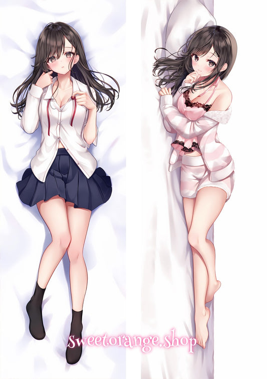 Roshidere Yuki Suou double-sided dakimakura body pillow cover, long black hair, soft brown eyes, school uniform and pink loungewear