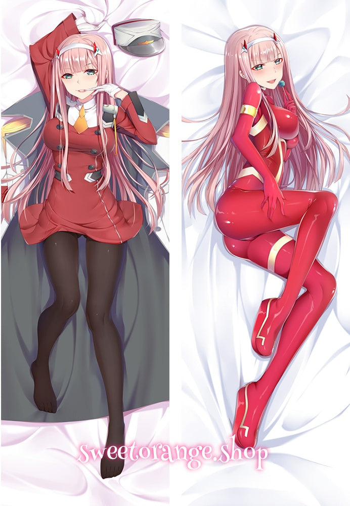 Zero Two double-sided dakimakura body pillow cover, long pink hair, red eyes, white horns, pilot suit & casual outfit, anime hugging pillow case