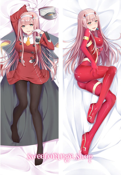 Zero Two double-sided dakimakura body pillow cover, long pink hair, red eyes, white horns, pilot suit & casual outfit, anime hugging pillow case